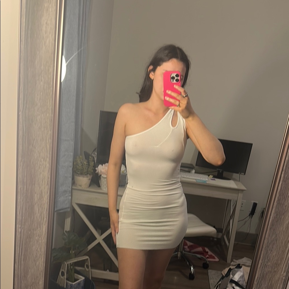 SKIMS Cream Asymmetrical Ruched Bodycon Dress